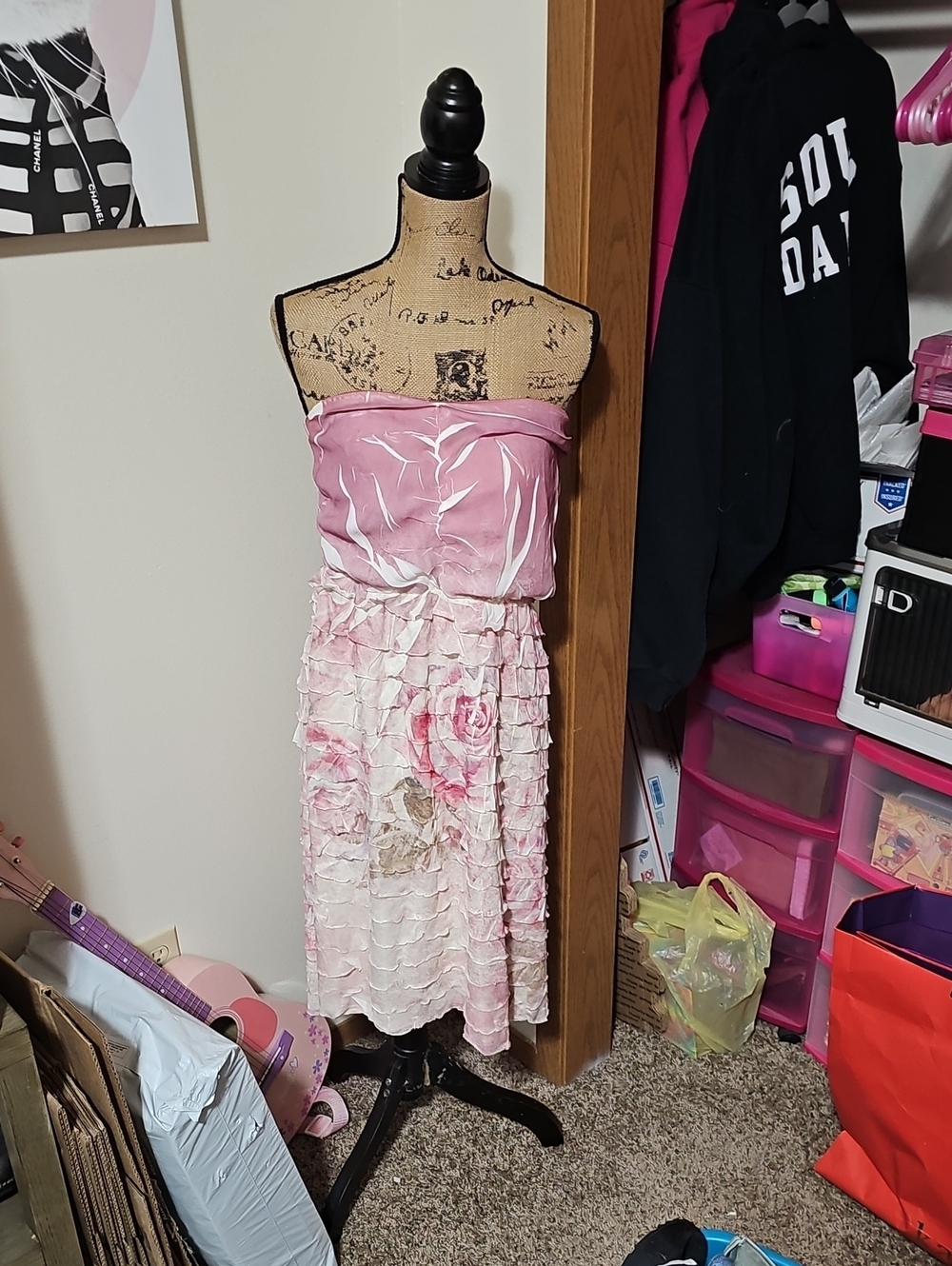 Maurices Pink and White Strapless Floral Ruffle Dress